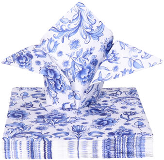Ambiente Tafel diner servetten - Delfts blauw bloemen patroon thema - 40x stuks - 33 x 33 cm