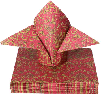 Ambiente Tafel diner servetten - Donkerrood/goud Barok patroon thema - 20x stuks - 33 x 33 cm Bordeaux rood