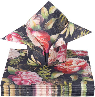 Ambiente Tafel diner servetten - Pioenrozen thema - 20x stuks - 33 x 33 cm Zwart