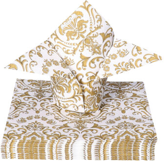 Ambiente Tafel diner servetten - Wit/goud Barok patroon thema - 20x stuks - 33 x 33 cm Goudkleurig
