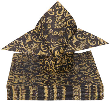 Ambiente Tafel diner servetten - Zwart/goud Barok patroon thema - 20x stuks - 33 x 33 cm