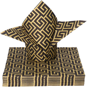 Ambiente Tafel diner servetten - Zwart/Goud patroon thema - 20x stuks - 33 x 33 cm