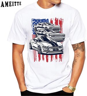 Ameitte Zomer Mannen Korte Mouwen Amerikaanse Crew Mustang Camaro Challenger Auto Print T-shirt Jongen Casual Wit Tees Cool Tops Xl
