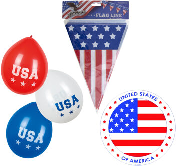 Amerika/USA thema versiering set - 2x vlaggetjes en 12x thema ballonnen - 25x viltjes