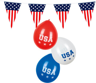 Amerika/USA thema versiering set - 2x vlaggetjes en 12x thema ballonnen - feestartikelen