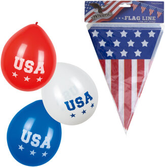 Amerika/USA thema versiering set - 2x vlaggetjes en 12x thema ballonnen - feestartikelen