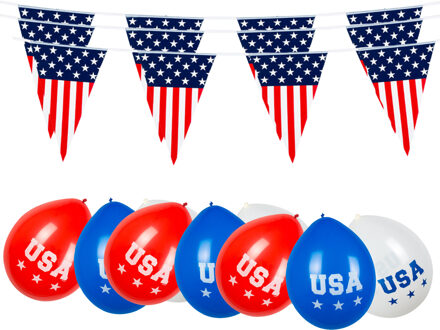 Amerika/USA thema versiering set - 3x vlaggetjes en 13x thema ballonnen - feestartikelen