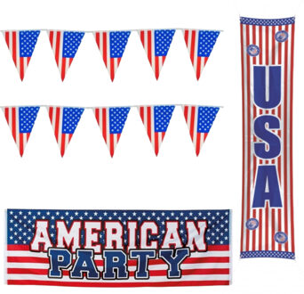 Amerika/USA thema versiering set - 3x vlaggetjes en 2x grote vlaggen - feestartikelen