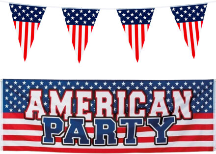 Amerika/USA thema versiering set - vlaggetjes en grote vlag - feestartikelen