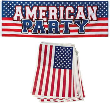 Amerika/USA thema versiering set - vlaggetjes en grote vlag - feestartikelen