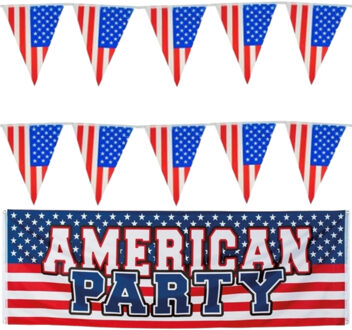 Amerika/USA thema versiering set - vlaggetjes en grote vlag - feestartikelen
