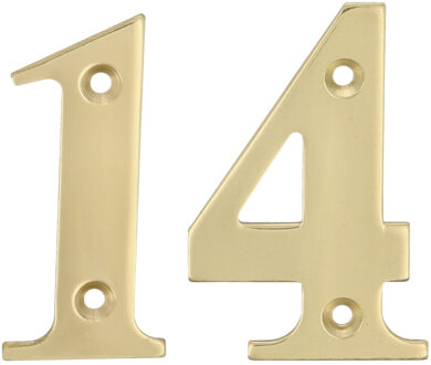 amig Huisnummer 14 - massief messing - 10cm - incl. bijpassende schroeven - gepolijst - goudkleur