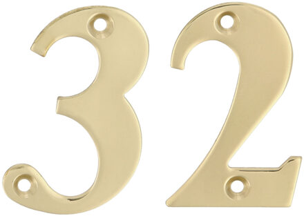 amig Huisnummer 32 - massief messing - 5cm - incl. bijpassende schroeven - gepolijst - goudkleur - Huisnummers