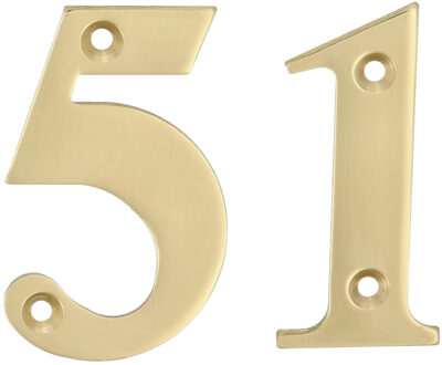 amig Huisnummer 51 - massief messing - 10cm - incl. bijpassende schroeven - gepolijst - goudkleur