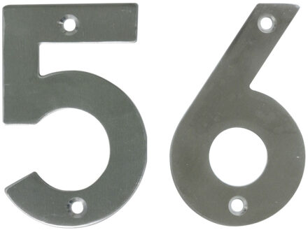 amig Huisnummer 56 - massief Inox RVS - 10cm - incl. bijpassende schroeven - zilver