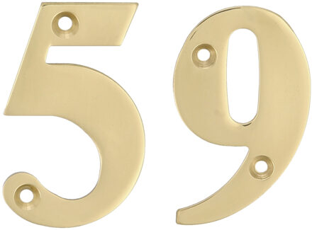 amig Huisnummer 59 - massief messing - 10cm - incl. bijpassende schroeven - gepolijst - goudkleur