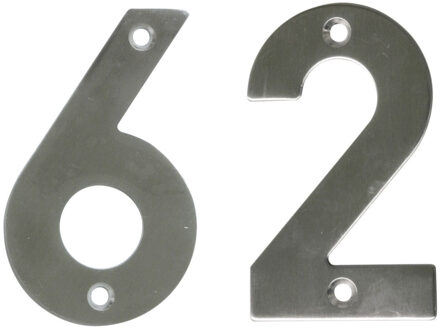 amig Huisnummer 62 - massief Inox RVS - 10cm - incl. bijpassende schroeven - zilver