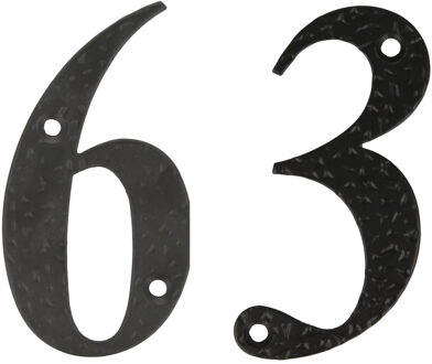 amig Huisnummer 63 - massief gesmeed staal - 10cm - incl. bijpassende schroeven - zwart - Huisnummers