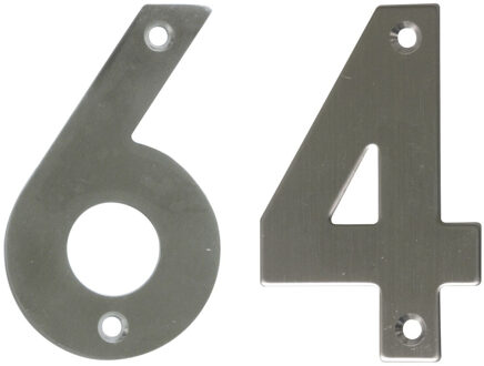 amig Huisnummer 64 - massief Inox RVS - 10cm - incl. bijpassende schroeven - zilver