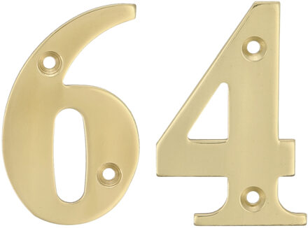 amig Huisnummer 64 - massief messing - 10cm - incl. bijpassende schroeven - gepolijst - goudkleur