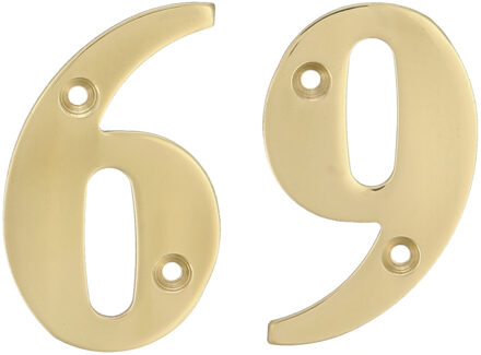 amig Huisnummer 69 - massief messing - 10cm - incl. bijpassende schroeven - gepolijst - goudkleur