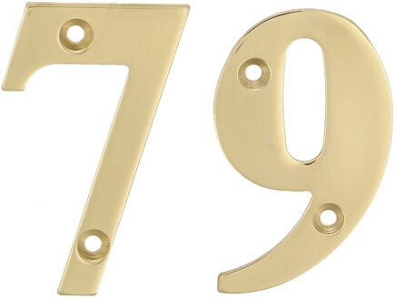 amig Huisnummer 79 - massief messing - 10cm - incl. bijpassende schroeven - gepolijst - goudkleur