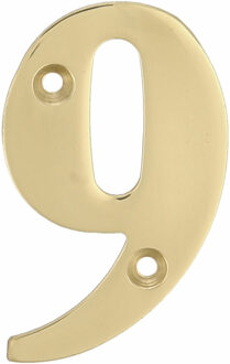 amig Huisnummer 9 - massief messing - 10cm - incl. bijpassende schroeven - gepolijst - goudkleur