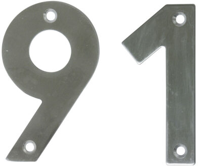 amig Huisnummer 91 - massief Inox RVS - 10cm - incl. bijpassende schroeven - zilver