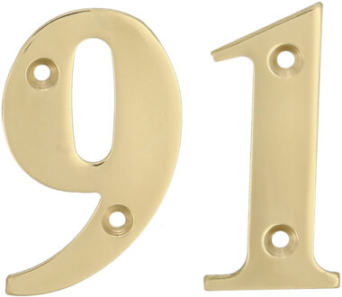 amig Huisnummer 91 - massief messing - 10cm - incl. bijpassende schroeven - gepolijst - goudkleur