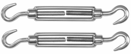 amig Spanschroeven/draadspanner met haak/haak - 2x - 12.5cm - 316L RVS - 300kg - M10 schroefdra