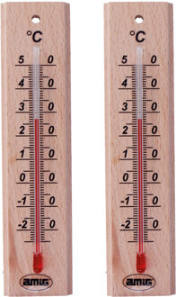 amig Thermometer binnen/buiten - 2x - hout - bruin - 14 x 3 cm
