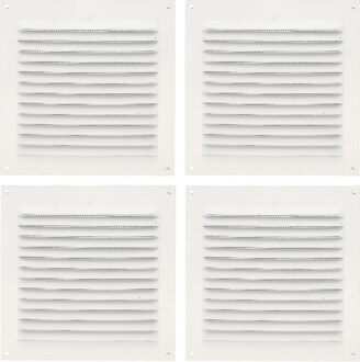 amig Ventilatie/muurrooster met gaas - 4x - 150 x 150mm - aluminium - wit - schoepenrooster