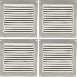 amig Ventilatie/muurrooster met gaas - 4x - 150 x 150mm - aluminium - zilver - schoepenrooster