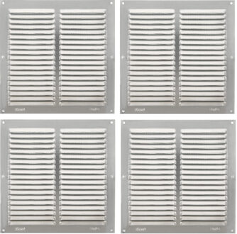 amig Ventilatie/muurrooster met gaas - 4x - 200 x 200mm - aluminium - zilver - schoepenrooster