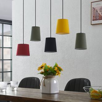 Amilia hanglamp, kappen bont, 5-lamps hout natuur, rood, groen, zwart, geel