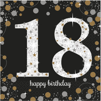Amscan 16x stuks 18 jaar verjaardag feest servetten zwart met confetti print 33 x 33 cm - Feestservetten