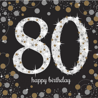 Amscan 16x stuks 80 jaar verjaardag feest servetten zwart met confetti print 33 x 33 cm