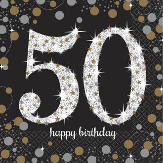 Amscan 50 jaar verjaardag feest servetten - 16x - zwart met confetti print - 33 x 33 cm - Wegwerp Multi