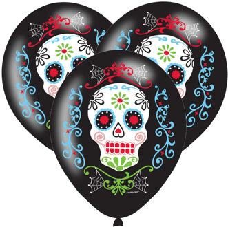 Amscan 6x Zwarte horror ballonnen Day of the dead sugarskull print 27,5 cm - Ballonnen Multikleur