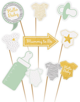 Amscan babyshower foto prop set - 10-delig - groen/goud - rompertje/flesje - photo booth accessoires