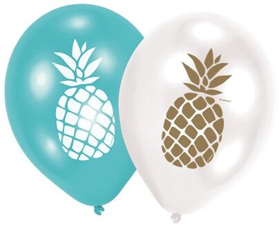 Amscan Ballonnen ananas - 6x stuks - 27 cm - blauw/wit - feestartikelen
