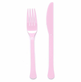 Amscan Feest bestek setje - 24-delig - herbruikbaar kunststof - lichtroze - messen/vorken