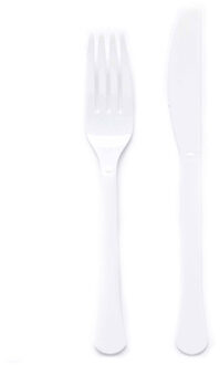 Amscan Feest bestek setje - 24-delig - herbruikbaar kunststof - wit - messen/vorken