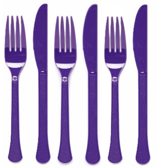 Amscan Feest bestek setje - 48-delig - herbruikbaar kunststof - donker paars - messen/vorken