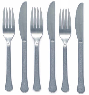 Amscan Feest bestek setje - 48-delig - herbruikbaar kunststof - zilver - messen/vorken