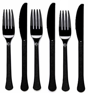 Amscan Feest bestek setje - 48-delig - herbruikbaar kunststof - zwart - messen/vorken
