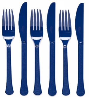Amscan Feest bestek setje - 72-delig - herbruikbaar kunststof - donkerblauw - messen/vorken