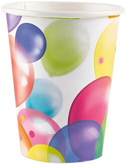 Amscan Feest wegwerp bekertjes - 8x stuks - 250 ml - karton - ballonnen opdruk Multi