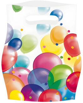 Amscan Feestzakjes met ballonnen opdruk - 8x - 16 x 23 cm - plastic - uitdeelzakjes - traktaties