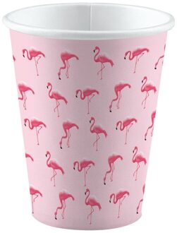 Amscan Flamingo party bekertjes - 8x stuks - 250 ml - karton - feestbekertjes - verjaardag/kinderfeest